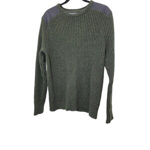 Eddie Bauer Men's Ribbed Green Military Sweater W/ Grey Shoulder Wool Blend